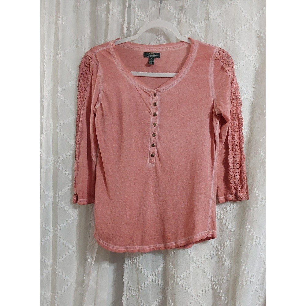 Lauren Jeans Co Ralph Lauren Pink Crochet Lace Sleeve Henley Top Small Womens